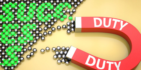 Duty attracts success - pictured as word Duty on a magnet to symbolize that Duty can cause or contribute to achieving success in work and life, 3d illustration