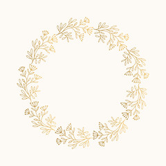 Golden floral wreath. Hand drawn round frame. Botanical design element. Vector illustration.