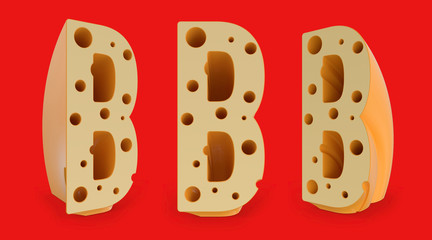 Capital letter B. Uppercase. Set of three view points on red. 3D