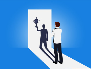 Businessman watching his shadow and thinking about victory in business. Concept to grow and archive the success for office employees.