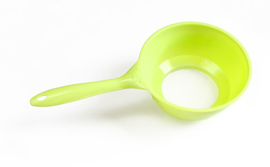 Green sieve isolated on white background. Kitchenware with net. Strainer