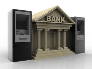 3d illustration Bank Cash ATM Machine with bank