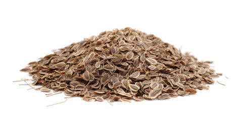 Heap dill seeds isolated on white.