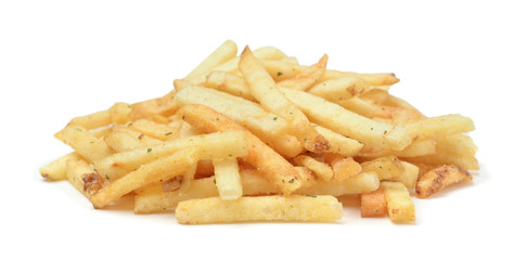 Heap of French fries isolated on white.