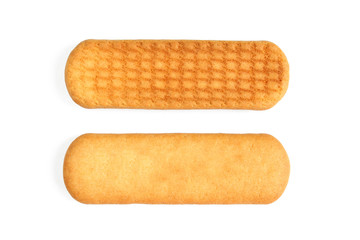 Two sides of orange stick biscuit isolated on white background