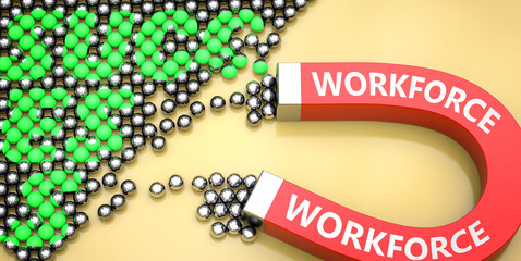 Workforce attracts success - pictured as word Workforce on a magnet to symbolize that Workforce can cause or contribute to achieving success in work and life, 3d illustration