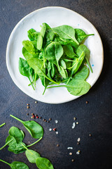 spinach green juicy leaves organic salad serving portion size natural product top view place for text copy space keto or paleo diet raw