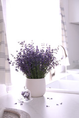 Beautiful lavender flowers on countertop near sink in kitchen