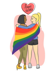LGBTQ  and togetherness concept, women embrace and hug each other with pride rainbow flag cover them together