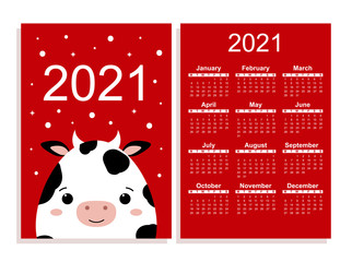 Pocket calendar 2021. Planner with 12 months. Chinese New Year of bull. Cute adorable cow in cartoon style. Christmas cover for postcard, gift card, banner . Funny animal. Flat vector illustration