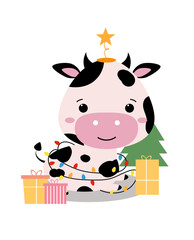 Christmas card. Chinese New Year of bull 2021. Cute adorable cow in cartoon style. Funny animal lies by the Christmas tree with gifts, decorated with a garland. Isolated vector illustration