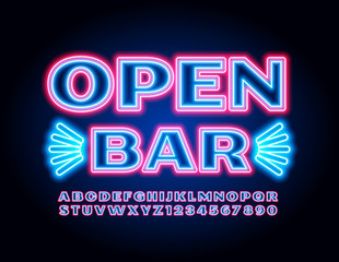 Vector modern banner Open Bar. Neon red and Blue Font. Electric light Alphabet Letters and Numbers