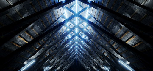 Modern Architecture Realistic Dark Laser led Neon Line Glowing Blue Lights Wood Stone Structure Roof Columns Triangle Background Tunnel Corridor Cement Concrete Tiled Floor Walls 3D Rendering
