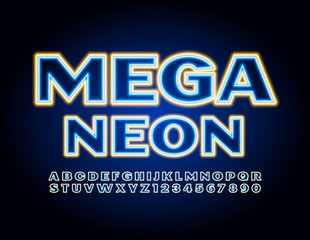 Vector Mega Neon Alphabet set. Electric bright Letters and Numbers. Glowing modern Font