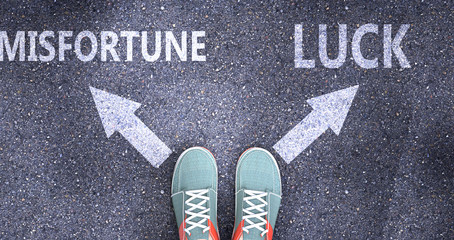 Misfortune and luck as different choices in life - pictured as words Misfortune, luck on a road to symbolize making decision and picking either Misfortune or luck as an option, 3d illustration