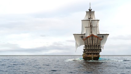 A medieval frigate sailing on a boundless blue sea. Concept of sea adventures in the middle ages. 3D Rendering. © designprojects