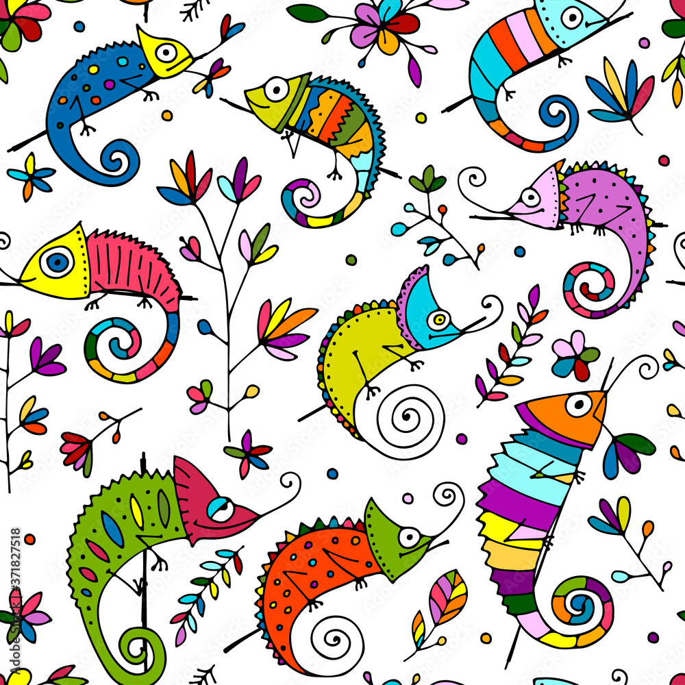 Poster chameleons family, seamless pattern for your design