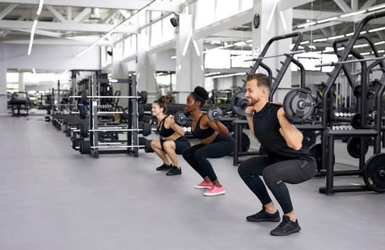 caucasian trainer is teaching exercises with weights to diverse attractive women, dumbbell, barbell lifting course to increase body muscles to be strong - Powered by Adobe