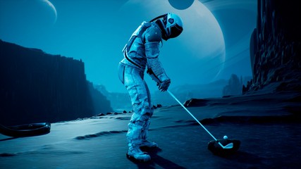 An astronaut explorer is playing Golf on a beautiful alien planet. 3D Rendering. © designprojects