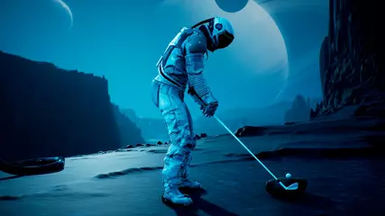 Foto auf Acrylglas An astronaut explorer is playing Golf on a beautiful alien planet. 3D Rendering. © designprojects
