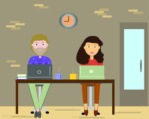 A man and a woman at work in a coworking office. Vector Illustration.