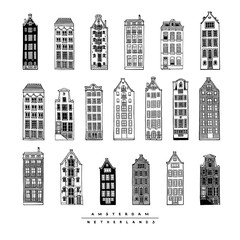 Big set of old houses of Amsterdam, Netherlands. Hand-drawn collection of cards of urban sketches. Vector illustration of European city.
