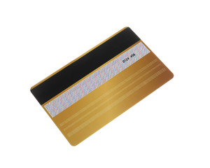 Golden plastic credit card isolated on white