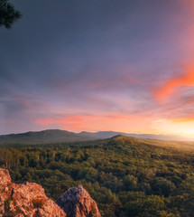 Bolshekhekhtsirsky Nature Reserve. Khabarovsk region, far East, Russia. Beautiful and dramatic sunset from mountain.