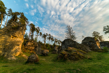 Fototapeta na wymiar Germany, Famous beautiful rock formations in wental valley called felsenmeer in swabian alb nature landscape in sunset light