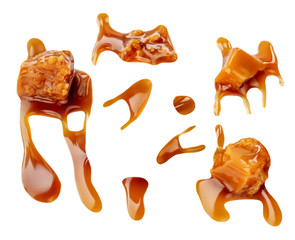 Flowing caramel sauce isolated on white background. Sweet Caramel candy set with different shapes,...