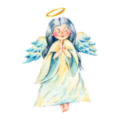 Watercolor angel with wings isolated on white background. Christmas angel illustration