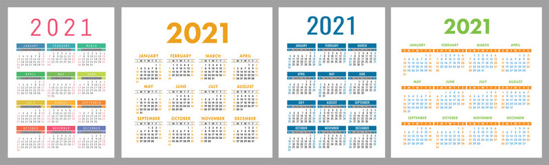 Fototapeta Calendar 2021 year set. Vector template collection. Simple design. Week starts on Sunday. January, February, March, April, May, June, July, August, September, October, November, December obraz