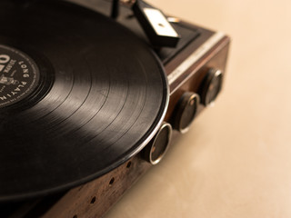 Vintage wooden record player stock image.