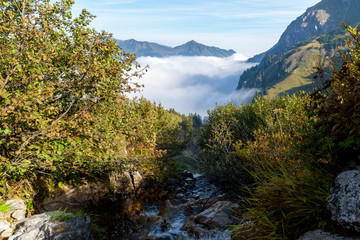 Fototapeta na wymiar The Valley Kleinwalsertal in Austria, State Vorarlberg in thick fog and a stream in the foreground.