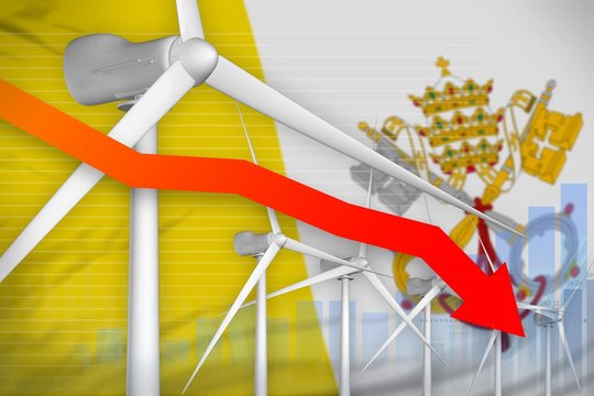 Holy See wind energy power lowering chart, arrow down - renewable natural energy industrial illustration. 3D Illustration