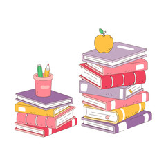 Stack of books, pencils and an apple isolated on white background. Pile of books vector illustration cartoon style - 371834306