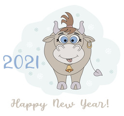 Year of the bull. 2021. Funny character of a cute cow with a haircut and a bell on his neck. New Year card, poster with Happy New Year greetings. For festive design and decoration. Vector