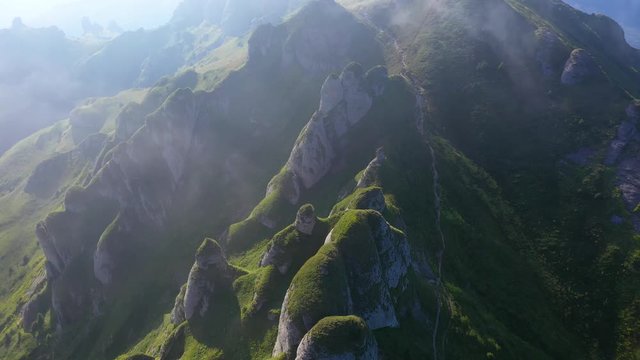 Flying above conglomerate cliffs in the Ciucas mountains, Carpathians, Romania