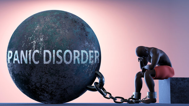 Panic disorder as a heavy weight in life - symbolized by a person in chains attached to a prisoner ball to show that Panic disorder can cause suffering, 3d illustration