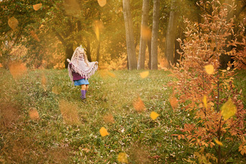 little girl walks in the park in autumn alone