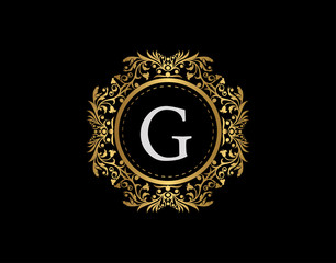Luxury Badge Letter G Logo. Luxury gold calligraphic emblem with beautiful classic floral ornament. Classy Frame design Vector illustration.