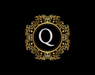 Luxury Badge Letter Q Logo. Luxury gold calligraphic emblem with beautiful classic floral ornament. Classy Frame design Vector illustration.
