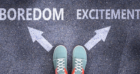 Boredom and excitement as different choices in life - pictured as words Boredom, excitement on a road to symbolize making decision and picking either one as an option, 3d illustration