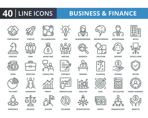 Business and finance vector line icons pack. Simple thin lines quality icon for web elements. Related of financial, people, strategy, management and etc