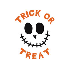 Happy Halloween emblem logo design. Holiday poster with fun face and text - Trick Or Treat. Vector holiday halloween badge illustration.