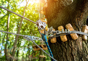 Detail of rope park in a forest. Adventure summer park.