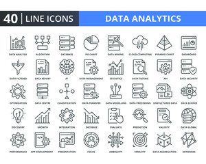 Data Analysis Vector Line Icons Pack. Related Of Diagram, Analytics, Statistics, Charts, Big Data, Processing. Simple Thin Lines Quality Icon For Web Elements