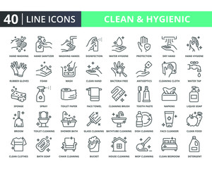 Hygiene vector line icons pack. Related of hand wash, cleaning, hygienic. Thin line quality icon for web element