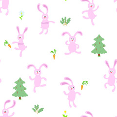 Seamless pattern with pink rabbit.Cute animals are dancing and smiling .