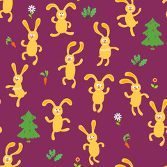 Seamless pattern with rabbit.Cute animals are dancing and smiling .